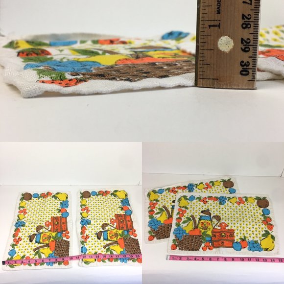 2 Vtg Retro Linen Cloth Fabric Rectangle Placemat Coffee Tea Fruit Flowers Theme - Picture 3 of 11